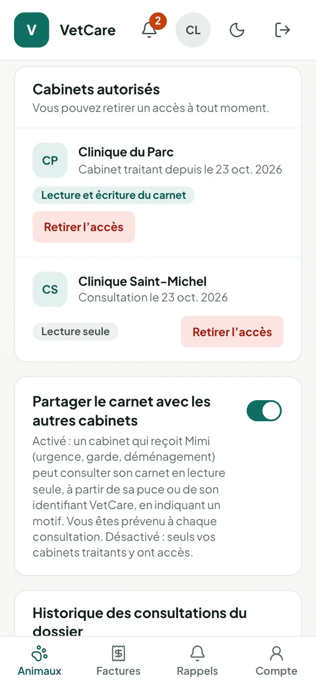 Cabinets autorisés à consulter le carnet de santé